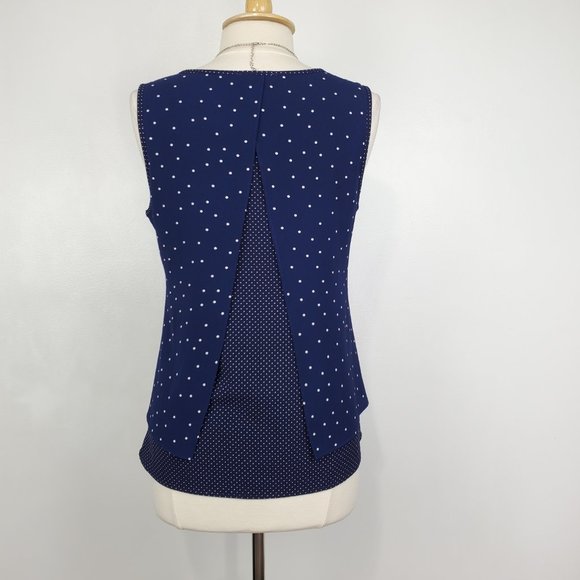 Skies Are Blue Navy White Polka Dot Sleeveless Split Back Pullover Top Size M - Picture 6 of 12